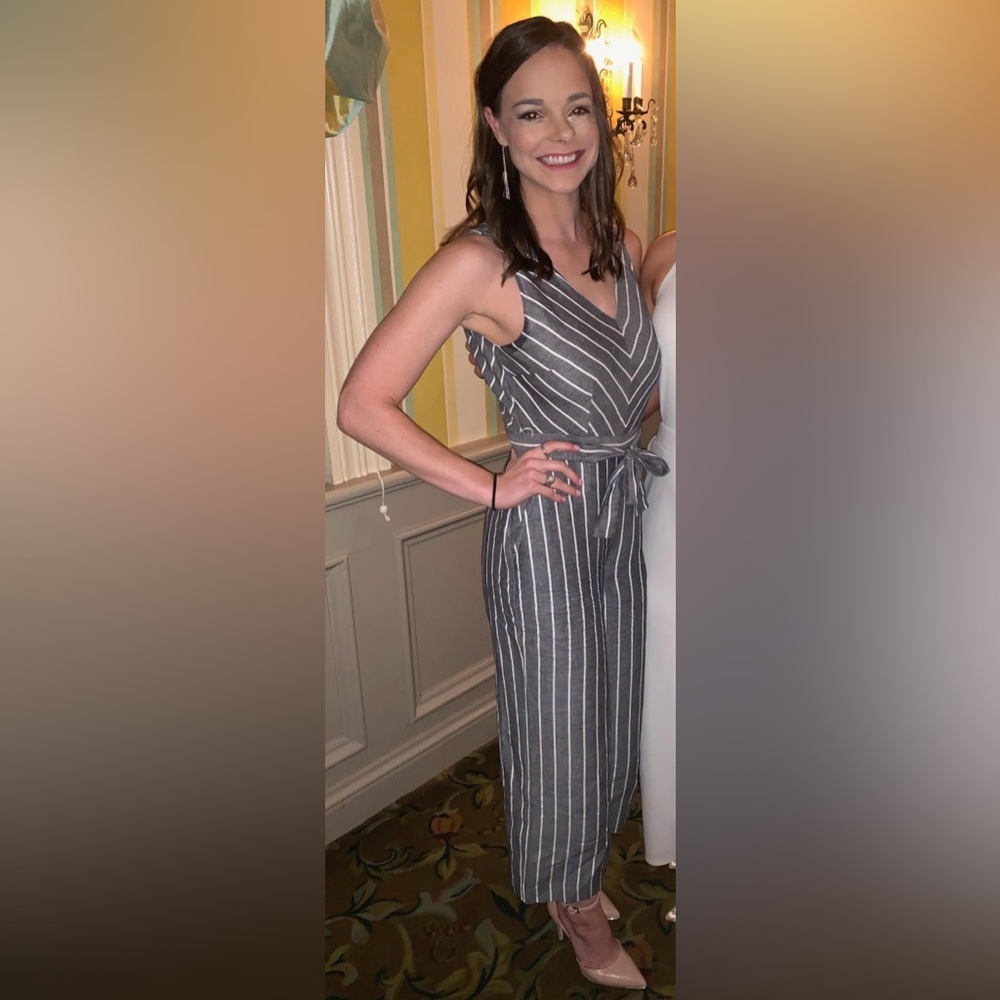 LOFT Linen-blend Gray and White Chevron Jumpsuit